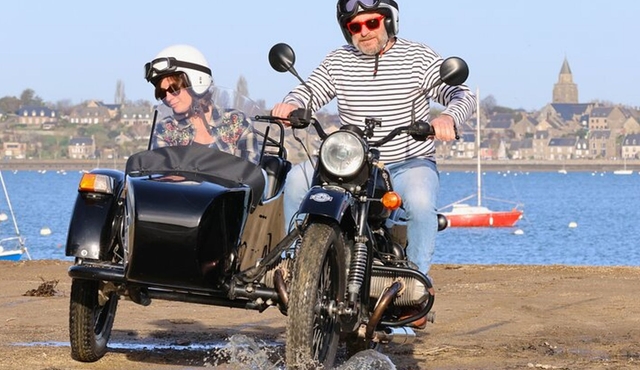 Saint Malo and Saint Servan in vintage sidecar with driver